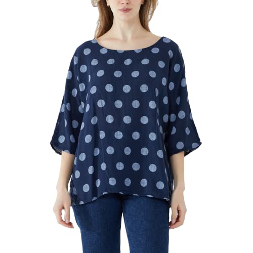 STAR FASHION Italian Printed Top Womens Spotty Polka Dotted Print Summer Tops Ladies Three Quarter Rolled Up Sleeves Casual Wear Shirt One Size UK 10 to 18 Navy Blue