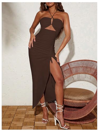 SOLY HUX Women's Cut Out Ruched Halter Dress High Split Drawstring Bodycon Maxi Vacation Dresses4