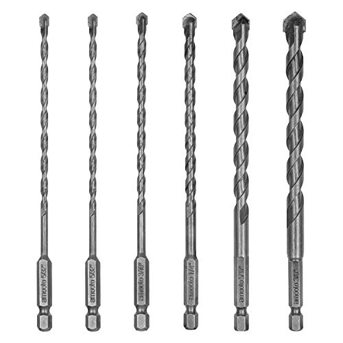 amoolo Hex Shank Masonry Drill Bit Set 6 Pcs (5/32''-3/8''), long Concrete Drill Bit Set with Carbide Tip for TILE, GLASS, STUCCO, CEMENT, BRICK and More!