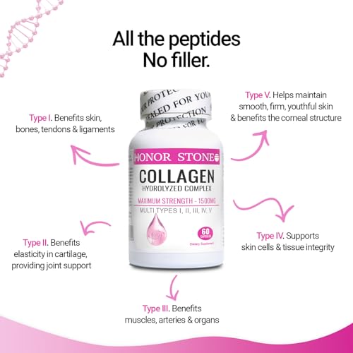 Honor Stone - Collagen Hydrolyzed Complex Capsules for Skin, Hair, Nails and Joints. Maximum Strength with All Types 1-5 Peptides - Not just Marine! Collagen Supplements for Women – 1 Month Supply
