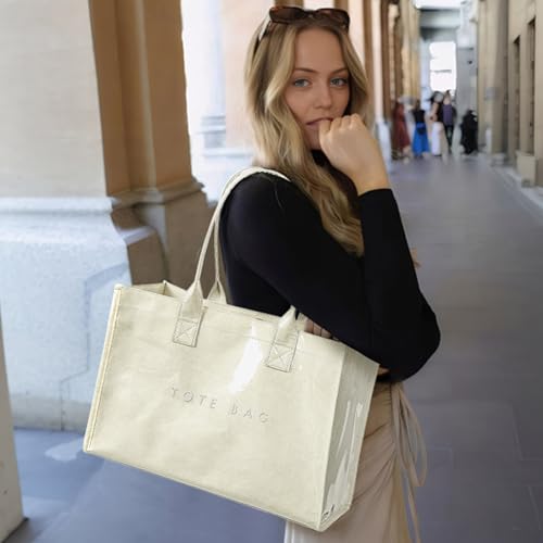 Image of KALIDI PVC Tote Bag Women's Kraft Paper Work Handbags Purses with Top Handle