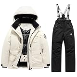 Boys Girls Ski Suit Kids Snowsuits 2 Piece Winter Waterproof Down Jacket Snow Pants Ski Bibs Overalls Snowboarding Clothes (Grey, 13-14 Years)