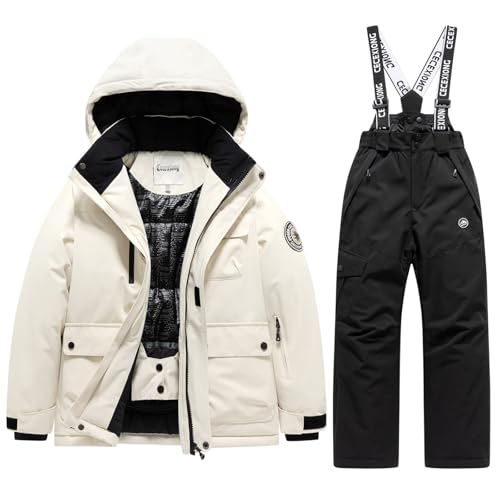 Boys Girls Ski Suit Kids Snowsuits 2 Piece Winter Waterproof Down Jacket Snow Pants Ski Bibs Overalls Snowboarding Clothes (Grey, 11-12 Years)