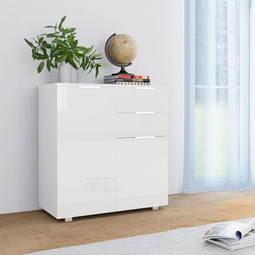 Vopese Aparador de aglomerado Blanco Brillante 71x35x80 cm Armario de Almacenaje, Aparador Auxiliar Mueble de Almacenaje de Salón Buffet Moderno