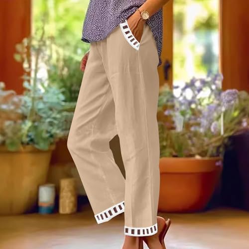 Image of Linen Pants Women Petite Straight Leg Pants Summer Beach High Waisted Pant Vacation Wide Leg Trousers with Pockets