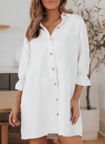 Image of Sidefeel Womens Smocked 3 4 Sleeve Button Down Denim Jeans Dresses