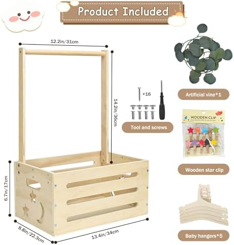 Simabsie Wooden Baby Shower Crate Closet with Hangers, Moon Stars - Personalized Newborn Basket Gifts for Expecting Parents