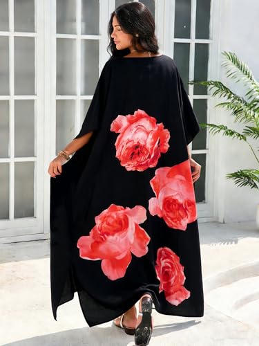 Image of Moss Rose Kaftan Dresses for Women Summer Swimsuit Cover up Caftan Dress | Moo Moos for Women, Batwing Sleeve, Plus Size Kaftan Dress, Maxi Caftan Beach Dress