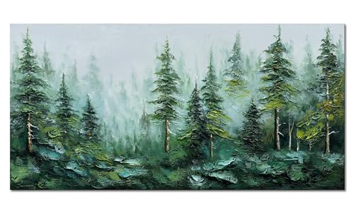 Alenoss Hand Painted Modern 3D Abstract Oil Painting 24x48 Inches Large Forest Landscape Textured Canvas Wall Art Green Artwork for Wall Decoration