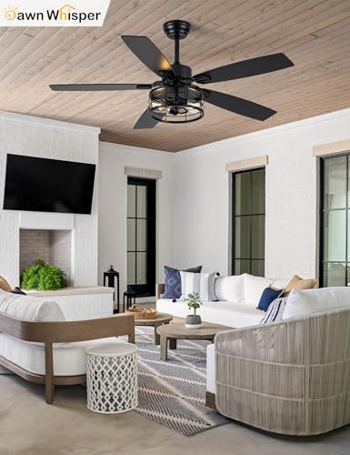 Image of Dawn Whisper 52 Inch Farmhouse Ceiling Fans with Lights and Remote Quiet and Reversible DC Motor Black Industrial Rustic Caged Ceiling Fan for Bedroom Living Room Covered Patio