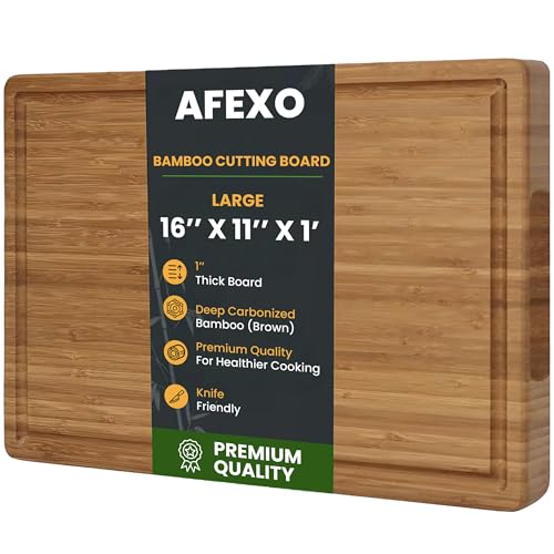 AFEXO Bamboo wood cutting board for kitchen. 1" Thick - Wooden cutting board with deep juice groove and side handles. Chopping board for Kitchen. Charcuterie tray, butcher block, (16"x11"x1")
