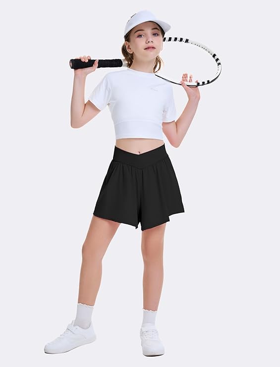 Girls Butterfly Shorts High Elastic Waist Crossover Athletic Shorts 2 in 1 Flowy Running Skorts with Pockets for Teens4