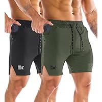 BROKIG 2 Pack Inzip Pantaloncini Palestra da Uomo,5" Running Corsa Pantaloncini Corti Sportivi Fitness Shorts con Tasche (Nero+Verde,L)