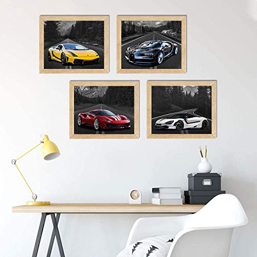 Car Poster Lamborghini Mclaren Ferrari Bugatti Sports Posters Car Wall Art Supercar Decor For Boys Room Bedroom Set Of 4 Unframed (8X10 In) Black And White Highway Supercars Pictures #TOP3