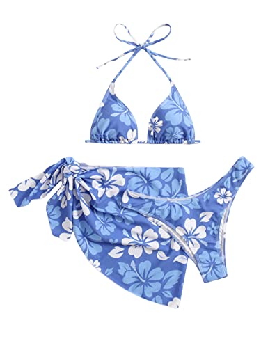 GORGLITTER Bikini Mit Rock Damen Set 3 Teilig Triangel Bikini Sexy Badeanzug Neckholder Bikini Mit Blumen Bademode Swimsuit Blau XS