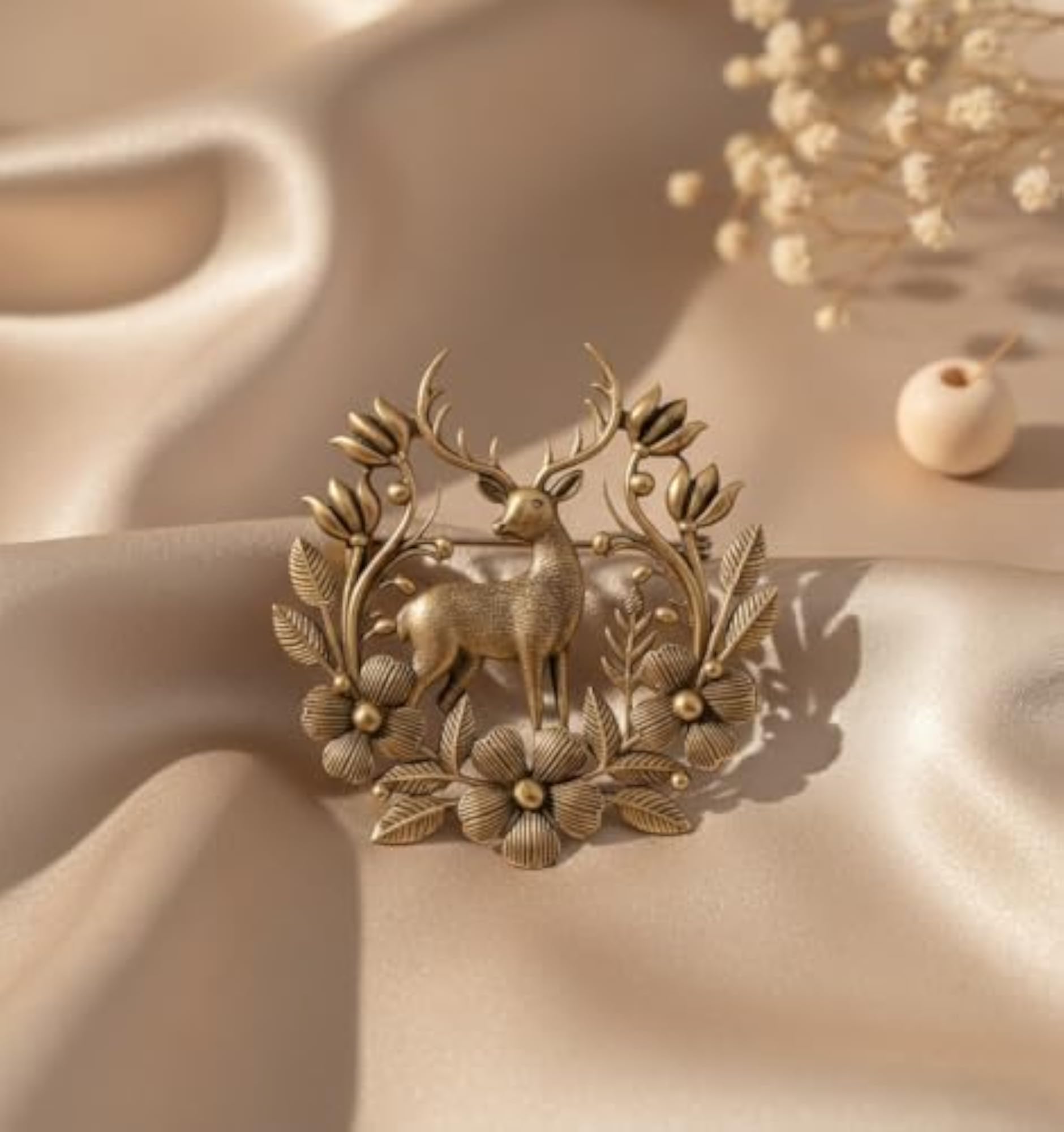 Van-Raja Stag Brooch, Antique Gold Deer in Floral Wreath