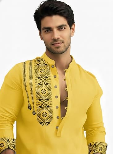 Image of Amazon Brand - INKAST Men's Cotton Blend Mandarin Collar Self One Design Full Sleeve Casual Short Kurta