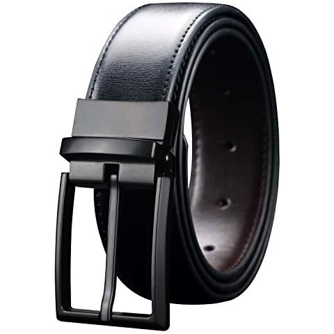 Men's Reversible Black/Brown Leather Dress Belt 1.25" Wide Rotated Buckle for Waist size 32-34" Cover