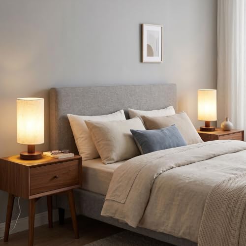 Image of Bedside Lamps Set of 2, Bamboo Small Table Lamp for Nightstand | 10'' Minimalist Nightstand Lamps for Bedroom, Modern Desk Lamp for Living Room, E26, Walunt, Linen Shade