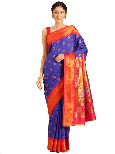 Varkala Silk Sarees Kadiyal Soft Silk Pheshwai Nath Paithani Saree With Blouse Piece (V300A106-COPR_Royal Blue