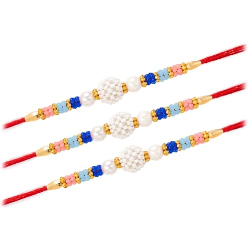 Image of Peora CZ Pearl & Crystals Studded Thread Rakhi for Brother Bhaiya | Combo Set of 3 | Raksha Bandhan Hamper with Roli Chawal & Greeting Card