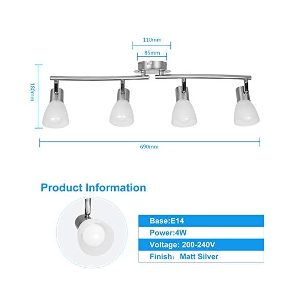 Comlzer LED Deckenleuchte 4-flammig Deckenlampe, E14 Fassung mit 4 x 5W Led Lampen, Drehbar Deckenstrahler für… – Bild 3