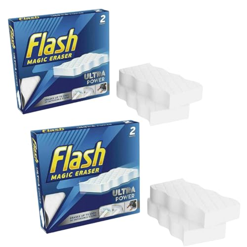 Flash Magic Eraser Sponge 4 Pack Ultra Power Cleaning Sponges for Walls Kitchen Bathroom Marks Scuffs Grease & Grime Reusable Multi Surface Melamine Cleaning Pads