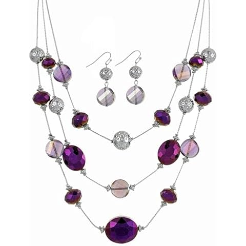 Jules D. Elegant 3 Strands Big Facted Glass Beads Statement Necklaces and Earrings Set for Women Multi Layered Chain Shiny Crystal Beaded Necklaces for Costume Jewelry (Purple) Cover