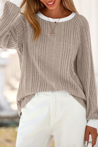 CFLONGE Fall Tops for Women Trendy 2025 Crewneck Long Sleeve Business Casual Shirts Fashion Knit Ribbed Tunic Going Out Tops3