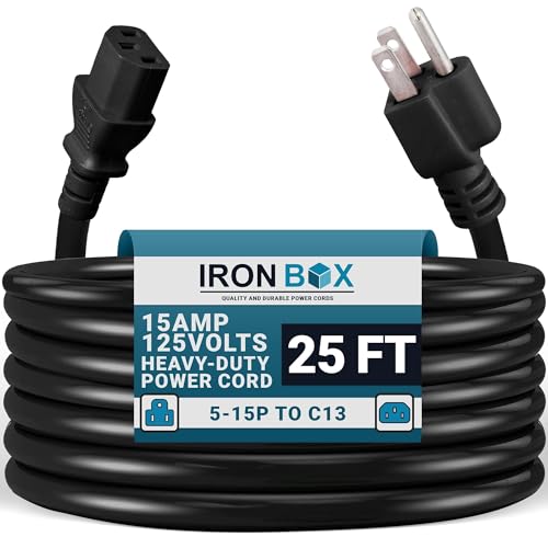 Image of IronBox Electric 5-15P to C13 Power Cord - 15A, 125V, 14 /3 SJT - Power Supply Extension Cable - Heavy Duty Plug & Connector for Computer, Monitor, Subwoofer, Printer, Speaker & More (Black, 25 Foot)
