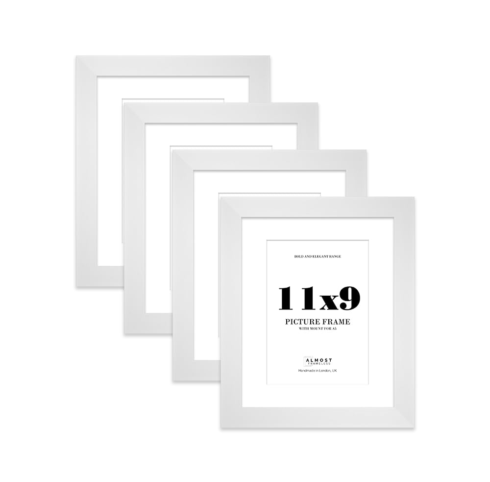 11x9 White Frame With Mount for A5 Pictures 28mm Edge Portrait and Landscape Display with Wall Hooks and Kickstand, 4 Pack