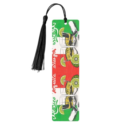 メキシコ国旗とテキーラプリント 読書ページマーカー しおり タッセル付き木製しおり5個 本好きへのギフトに