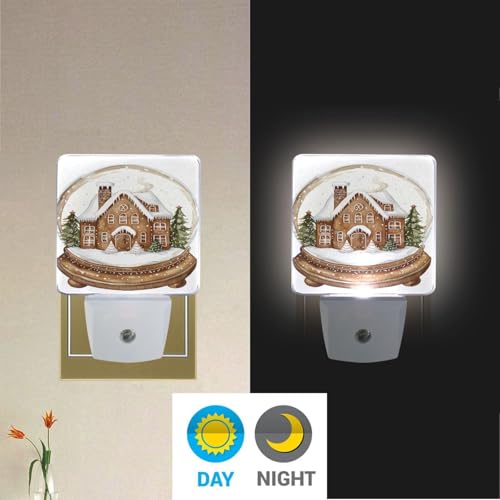 Image of Gingerbread House Snow Night Lights 2 Pack Plug-in Wall Led Nightlight Auto Dusk-to-Dawn Sensor Lamps for Bedroom Kitchen Bathroom