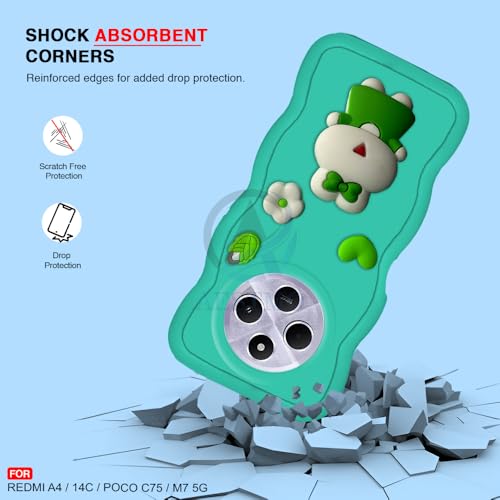 Image of AESTMO Back Case Cover for Redmi A4 / 14C / Poco C75 / M7 5G | 3D Cute Fun Cartoon Characters | Anti Slip Grip Cute Wave Curly Frame Shape | Full Body Protection Back Cover (Mint Green)