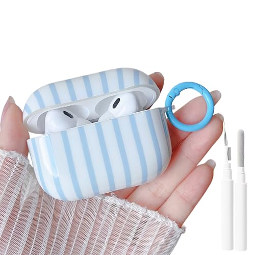 Image of MINSCOSE for AirPods Pro 2nd /1st Generation Clear Case,Cute Striped Pattern Design with Girly Keychain Ring,Soft TPU Protective Shockproof Cover with Cleaner Kit for Airpods Pro /Pro 2-Blue