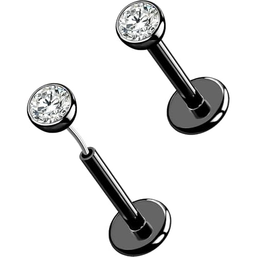 OUFER 2Pcs 20G/18G/16G G23 Titanium Threadless Nose Stud Earrings Flat Back Tiny CZ Small Nose Helix Cartilage Tragus Conch Labret Medusa Monroe Piercing Jewelry for Women Men Black 2pcs, 18