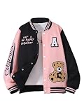 SweatyRocks Girl's Letter Print Color Block Baseball Jacket Button Front Long Sleeve Varsity Jacket Outerwear Pink 12-13Y
