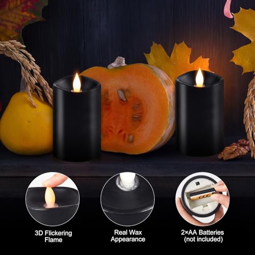 Image of 2PCS, 3 x 5 inches Flameless Candle with Remote Control, 3D Flickering Wick, Real Wax Pillar LED Candles, Battery Operated Candles,with Timer,for Holiday Home Decor, Black