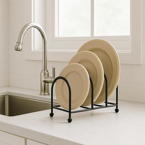 Image of Black Iron Dish Drying Rack - Compact 3-Slot Countertop Plate Holder & Cutlery Organizer, Space-Saving Design, 8x5x6 Inches