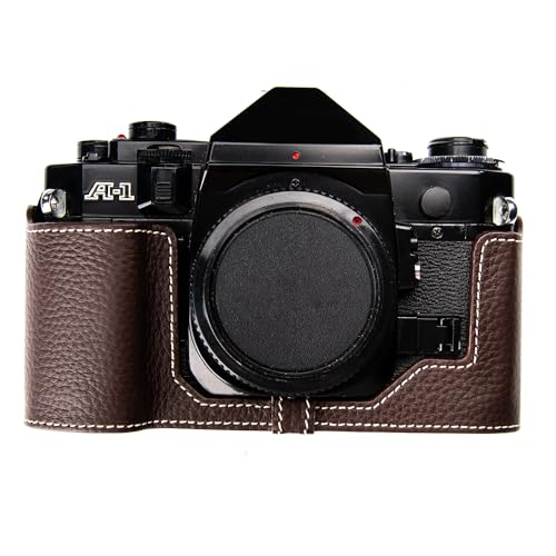 DBZZ A1 Case New AE-1 case Handmade Genuine Leather Camera Protective Half Camera case, for Canon A-1 New AE-1 (Mocha-white line)