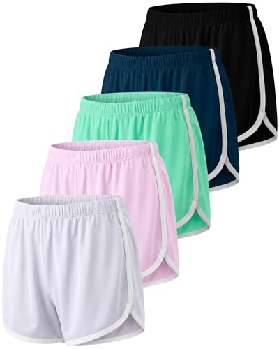Image of Real Essentials 5 Pack: Girls' Dry-Fit Athletic Dolphin Shorts for Youth Kids Teens Running Gym Sports (Ages 4-16)