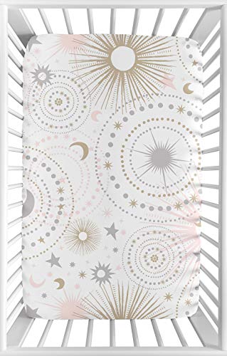 Image of Sweet Jojo Designs Blush Pink, Gold, Grey and White Star and Moon Baby Girl Fitted Mini Portable Crib Sheet for Celestial Collection - for Mini Crib or Pack and Play ONLY