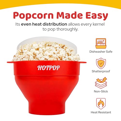 The Orginal HotPop Silicone Popcorn Maker - Microwave Popcorn Popper with Handles - Collapsible Bowl, Heat-Resistant, Easy to Clean, Ideal for Family Movie Nights, 15-Cup Capacity - Red