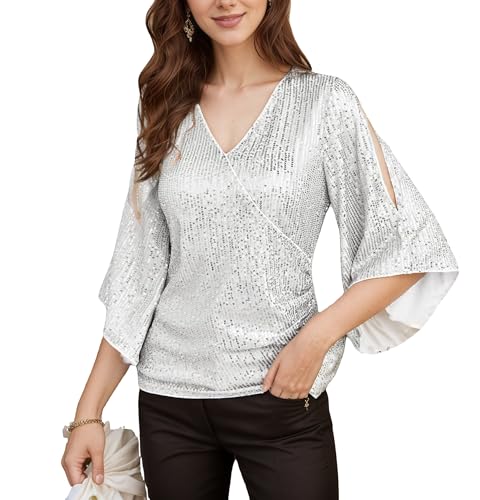 Silver Sequins Tops for Women，3/4 Sleeve Glitter V-Neck Sparkly Dressy Elegant Blouses