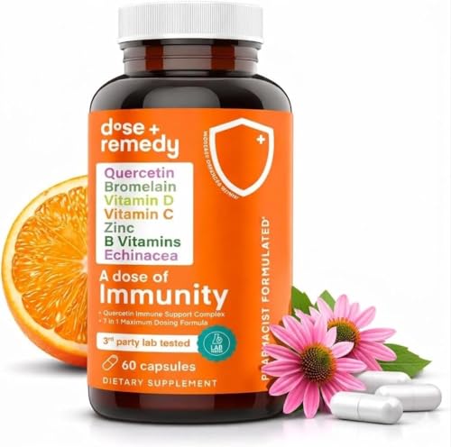 A Dose of Immunity - 7 in 1 Quercetin 500mg Supplement with Bromelain, Zinc, Vitamin C, Vitamin D & Vitamin B Complex Echinacea Immune Support Booster Supplements - 60 Count