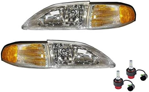 1994-1998 Mustang Cobra Headlights 4 piece Set Amber Sides 9007 6500K LED Bulbs