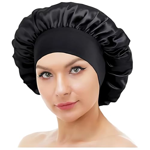 Touca de Cetim 36 Centímetros com Faixa Larga e Confortável para Cacheados e Lisos, Sem Frizz, Preto