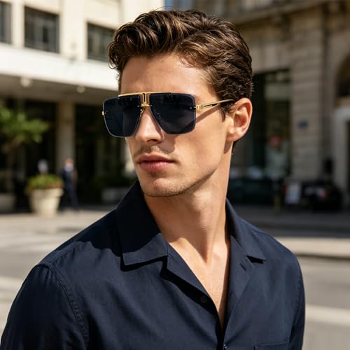 Image of Rimless Oversized Square Sunglasses for Men Trendy Fashion Big Shades Tinted Lens Gold Metal Frameless Glasses UV400