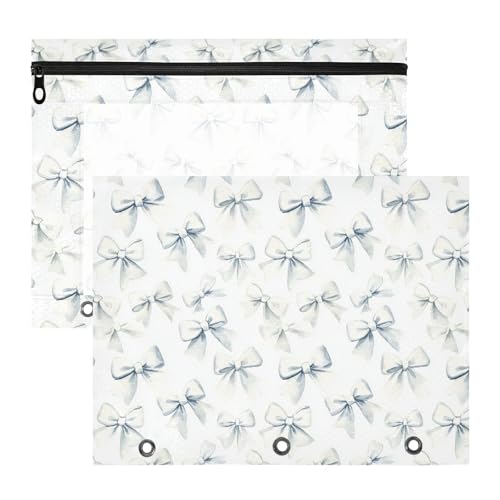 Oarencol Pencil Pouch for 3 Ring Binder White Bows 2 Pack Large Pencil Case Pouch with Zipper & Grommets, Clear Binder Bag, School Office Supplies