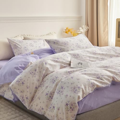 VM VOUGEMARKET Purple Flower Duvet Cover Set Twin Cotton 3 Pcs Girls White Lavender Comforter Cover with Zipper Closure,Romantic Duvet Cover + 2 Pillowcases for Spring